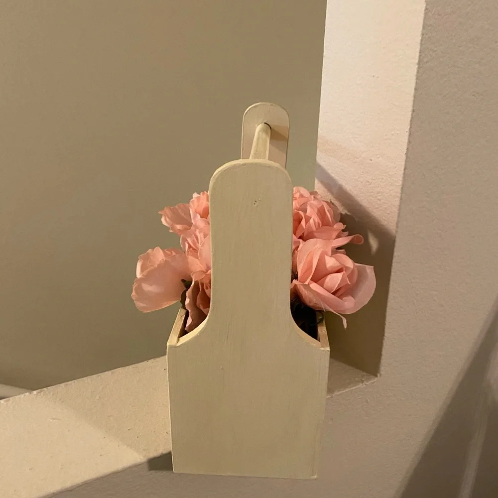 Painted Wooden Decorative Box with Handle and added transfers with Pink Flowers.
